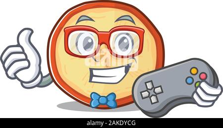 Smiley gamer apple chips cartoon mascot style Stock Vector