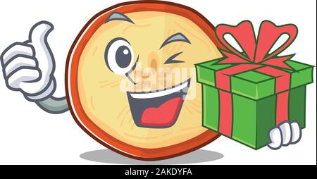 Smiley apple chips character with gift box Stock Vector