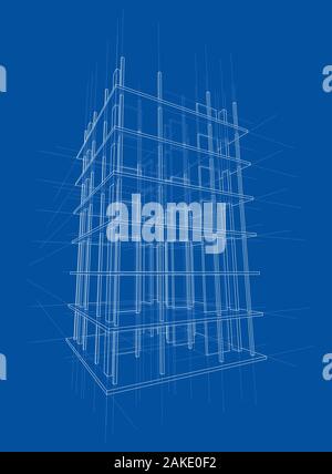 Drawing or sketch of a house under construction. Construction site. Main line, back contour and auxiliary lines. Vector made from 3d. Stock Vector