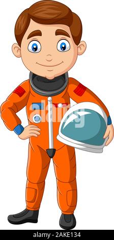 Cartoon boy astronaut holding helmet Stock Vector