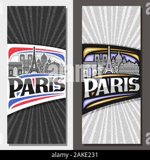 Vector vertical layouts for Paris with copy space, brochure with black and white line draw of paris landmarks, decorative invitation with original typ Stock Vector