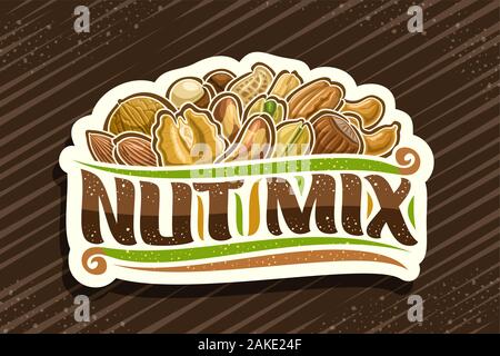 Vector logo for Nut Mix, decorative cut paper tag with illustration of heap raw variety nuts and flourishes, design concept with original brush script Stock Vector