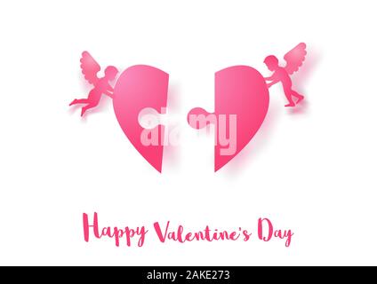 concept art of cupids fly and put  with heart shape parts together on white background,vector illustration Stock Vector