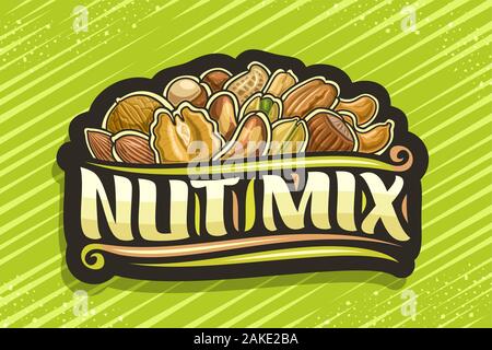 Vector logo for Nut Mix, black decorative tag with illustration of pile cartoon various nuts and flourishes, design concept with original brush script Stock Vector