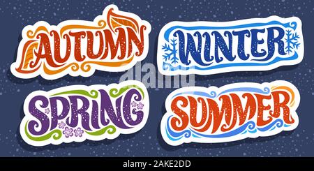 Vector set for Four Seasons, 4 cut out decorative seasonal badges with words and confetti, summer with sea waves, winter with blue snow flakes, spring Stock Vector