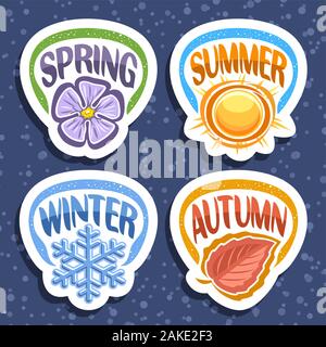 Vector set for Four Seasons, 4 cut out decorative seasonal badges with words, summer with warm sunshine sun, winter with blue snow flake, spring with Stock Vector