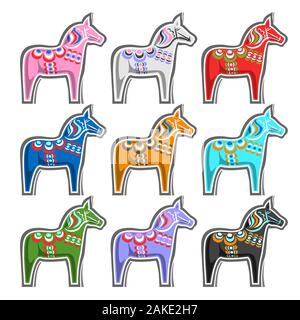 Vector set of Swedish wooden Horses, traditional symbol of Sweden - Dalecarlian horse or Dala horse, collection of 9 cut out swedish kids toys on whit Stock Vector