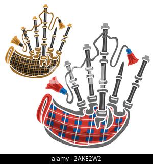 Vector set of scottish Bagpipes, 2 cut out illustrations of classical different bagpipes leather and red tartan on white background. Stock Vector