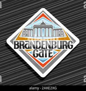 Vector logo for Brandenburg Gate, white rhombus badge with illustration of Berlin landmark on cloudy sky background, tourist decorative fridge magnet Stock Vector