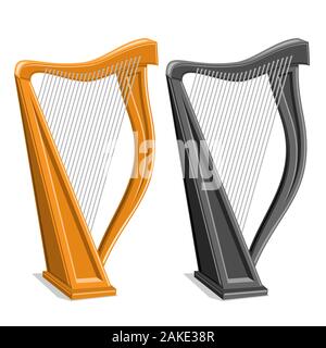 Vector set of Harps, 2 cut out illustrations of classical different harps yellow and monochrome colors on white background. Stock Vector