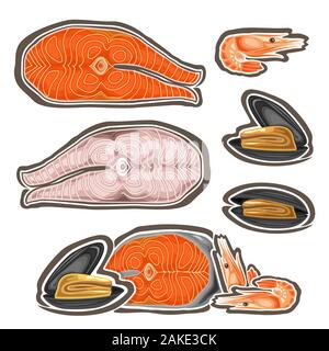 Vector Set of Fresh Seafood, collection of cut out illustrations of pieces assorted steamed fish, boiled shrimps and group of open mussels, Mediterran Stock Vector