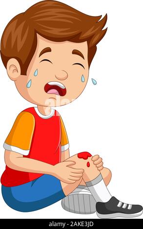 Cartoon little boy crying with scraped knee Stock Vector