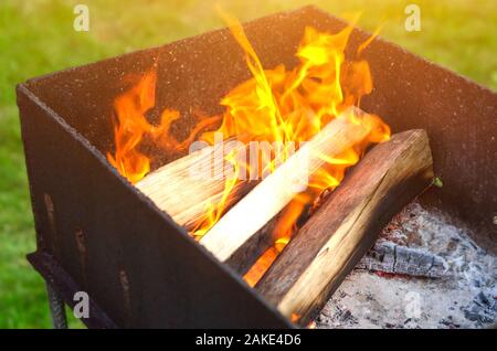 Crest of flame on burning wood in fireplace. Stock Photo