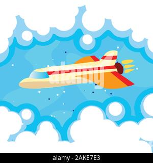 Cartoon cute vector illustration of plane in blue sky and clouds. Airplane flying in a sky, turbo plane, jet in clouds, vector illustration Stock Vector