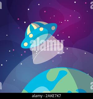 Cute cartoon illustration of UFO space ship landing on the Earth or Exo planet. Illustration of Flying saucer on deep space background. Landing on a Stock Vector