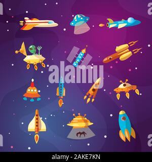 Cute cartoon space explorer, astronomy science and UFO vector set. Lunar rover, rockets, space sheeps and shuttle, aliens. Space equipment, rockets Stock Vector
