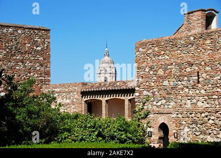 Supplier courtyard and gardens at the Nasrid Palace in Malaga castle with the Cathedral dome to the rear, Malaga, Sp[ain. Stock Photo