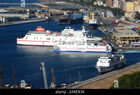 Elevated view of cruise ships in the port, Malaga, Malaga Province, Andalucia, Spain, Western Europe. Stock Photo