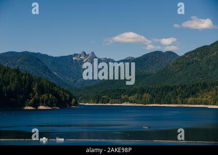 Capilano River and the lions mountain at sunset  Stock Photo