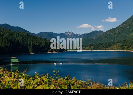 Capilano River and the lions mountain at sunset  Stock Photo