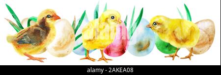 Watercolor Easter colored eggs, chickens and grass Stock Photo