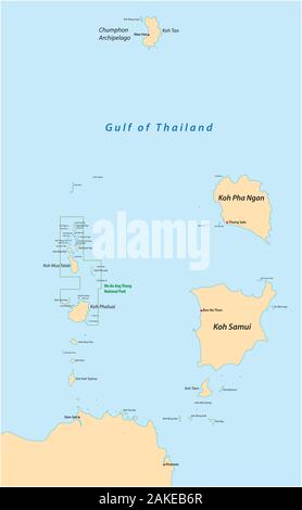 Map of the islands of Koh Samui and Koh Pha Ngan in the Gulf of Thailand, Thailand Stock Vector