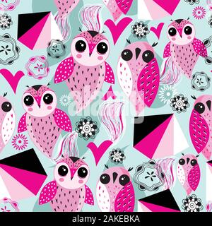 Seamless abstract pattern of unusual graphic love owls with hearts on a blue background Stock Vector