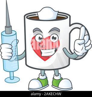 Smiley Nurse cup coffee love cartoon character with a syringe Stock Vector