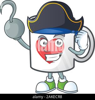 Cool one hand Pirate cup coffee love cartoon character wearing hat Stock Vector