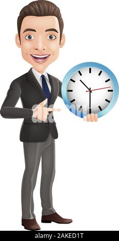 Cartoon happy young businessman holding and pointing a wall clock Stock Vector