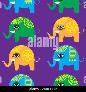 Seamless pattern of carnival elephants on purple isolated background. Vector image Stock Vector