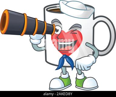 Cup coffee love cartoon happy Sailor style with binocular Stock Vector