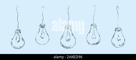 Light bulbs are drawn in a minimalist style in the form of wires on a blue background for the interior, design, advertising, ideas, icons. Stock Vector