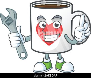 Smart Mechanic cup coffee love cartoon character design Stock Vector