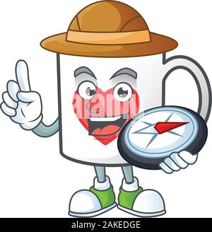 Cup coffee love stylized Explorer having a compass Stock Vector