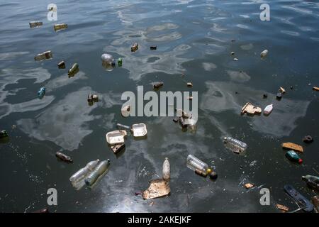 Plastic pollution floating on the surface of the water in the harbour of Havana, Cuba.