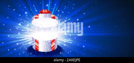 Greeting card with open gift box and exploding glitters firework on light rays background. Postcard for New Year, Christmas, Birthday. Vector Stock Vector