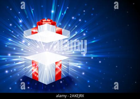 Open gift box with shining exploding firework from glitter for decoration of theme of Christmas, New Year and Birthday; Vector Background Eps10 Stock Vector