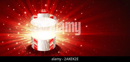 Open gift box with exploding firework of glitters on light rays. Greeting card for Christmas, New Year, Birthday. Vector background banner of postcard Stock Vector