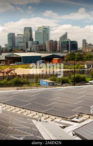 Solar thermal and solar PV panels on the roof of the Crystal building which is the first building in the world to be awarded an outstanding BREEAM (BRE Environmental Assessment Method) rating and a LEED (Leadership in Energy and Environmental Design) platinum rating. London, UK. June. Stock Photo