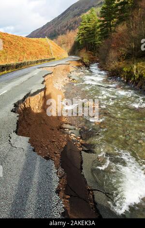 The A591, the main road through the Lake District, completely destroyed by the floods from Storm Desmond, Cumbria, UK. Taken on Sunday 6th December 2015. England, UK, December 2015. Stock Photo
