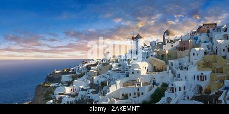 Sunset over Oia (ia), Cyclades Island of  Thira, Santorini, Greece.  The settlement of Oia had been mentioned in various travel reports before the beg Stock Photo