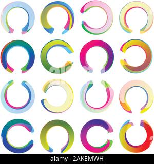 Colored overlapping circles; Arcs rounded multicolored banners, circular medals and half rings labels swirled in the c-horseshoe form; Vector icons Stock Vector