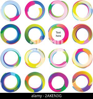 Colored overlapping circles; Arcs rounded multicolored banners, Swirled circular medals and labels; Vector icons set Eps10 Stock Vector