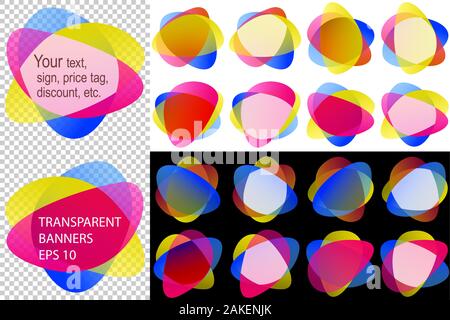 Labels in overlay transparency blend; Backdrops stickers from rounded shapes for your text, logo, price tag, discount; Set of transparent templates Stock Vector