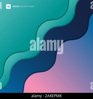 Abstract background green, blue, pink color diagonal waves layer. Minimal motion dynamic pattern design. Vector illustration Stock Vector