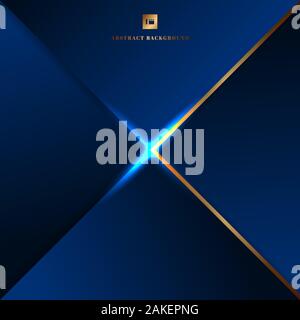 Abstract background blue geometric triangles and golden border with lighting effect. Vector illustration Stock Vector
