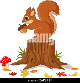 Cartoon funny squirrel holding pine cone on tree stump Stock Vector