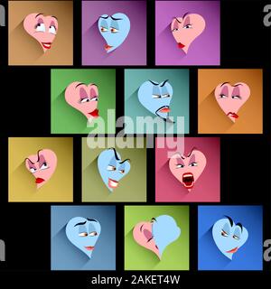 Avatars, icons, smiles, faces, stickers with various emotions & characters; Flat Long-shadow style; For Valentines Day & Wedding Design; Eps8 Stock Vector