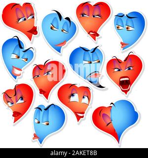 Set avatars, icons, smiles of hearts with various emotions and characters; eps8 Stock Vector